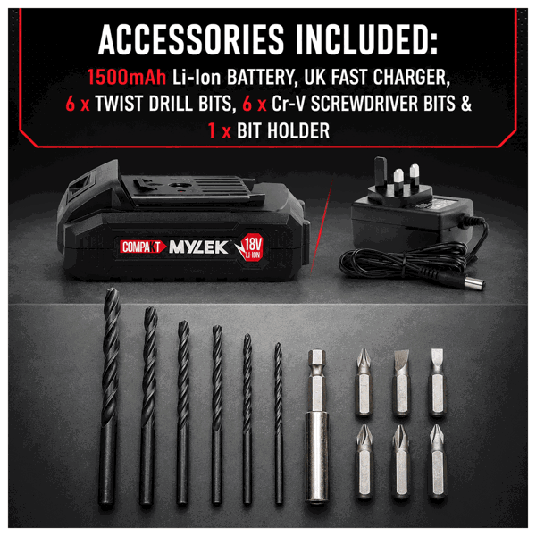 Mylek 18V Cordless Li-ion Drill And 13 Piece Accessory Set