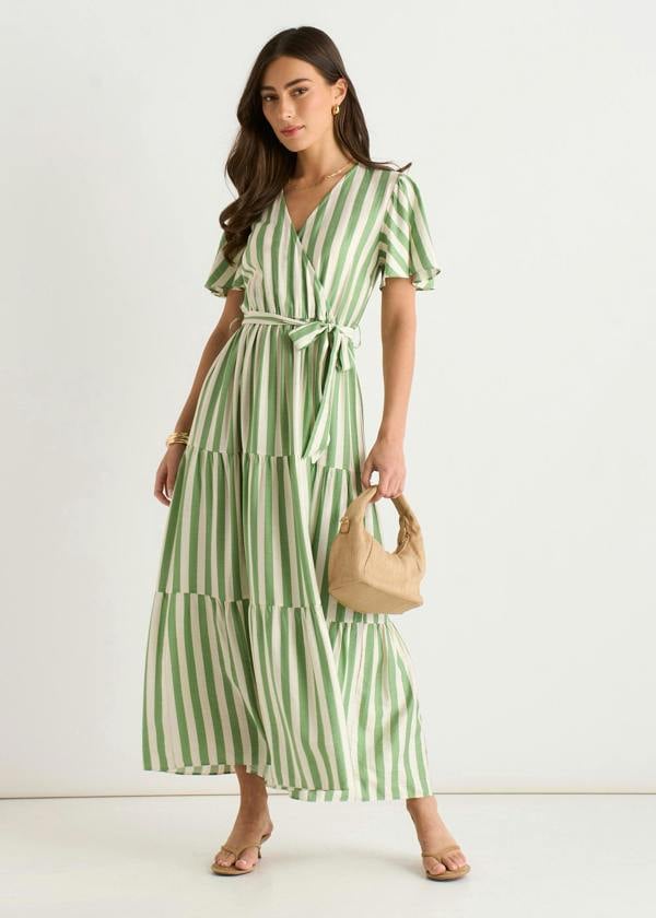 Gini London Sage Green Stripe Wrap Belted Viscose Midi Dress