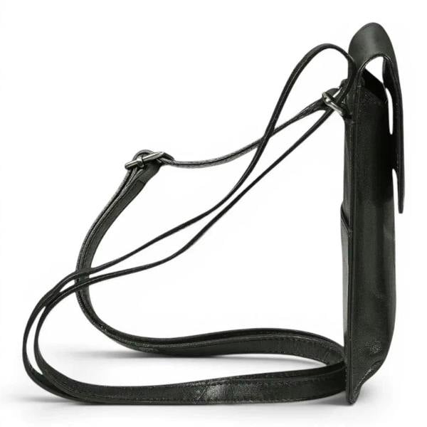 A black leather crossbody bag with a long adjustable strap, shown from a side profile view against a plain white background.
