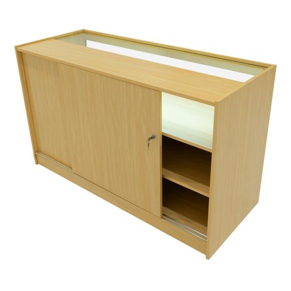 Gravity LED Shop Counter Set in maple finish features a sleek design with sliding doors, glass display top, and open shelving for storage