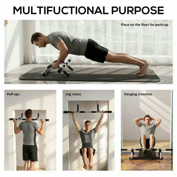Doorway pull-up bar accessory showing exercises with black foam handles and curved frame