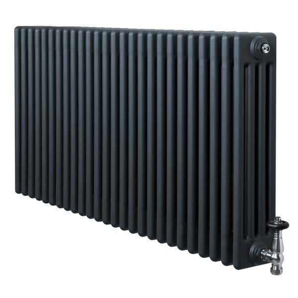 Traditional anthracite grey 4 column radiator with a sleek, textured finish and chrome valves, measuring 600 x 1190mm
