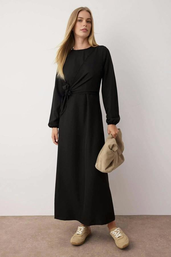 WOVCOR Tie Waist Long Sleeve Maxi Dress