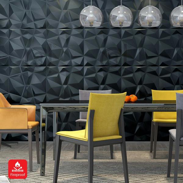 ENER-J 3D PVC Wall Panel, Faceted Diamond Design, Black Size: 500x500x1mm | Pack of 4