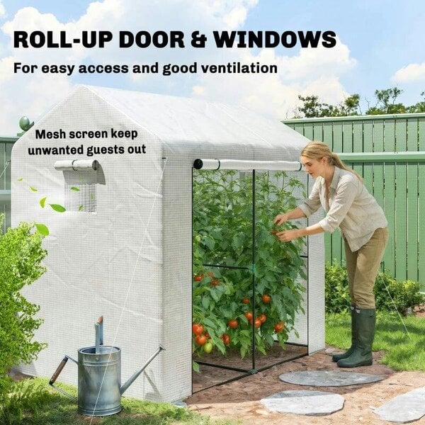 Bobobiy Walk-in Greenhouse, Outdoor Tomato Greenhouse with Roll-up Door and Mesh Windows, PE Cover, 200 x 140 x 200cm, White
