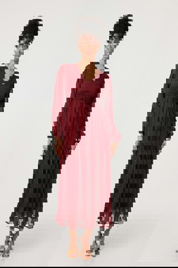 Red | Sparkly Semi Sheer Long Sleeve Midi Dress
