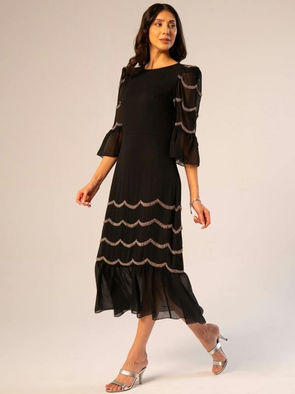 Rose & Nancy Georgina Black and Silver Scallop Bead Midi Dress