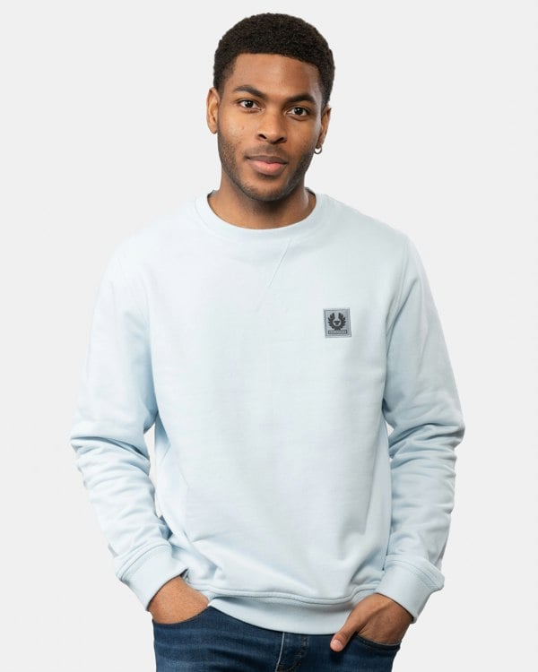 Belstaff Mens Crew Neck Sweatshirt With Logo Patch - Sky Blue - CHO - Designer Mens Sweatshirts