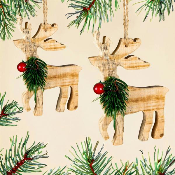 5cm Wooden Craft Reindeer Shape Tree Hanging Decoration, Natural Wood Christmas Ornament image 2