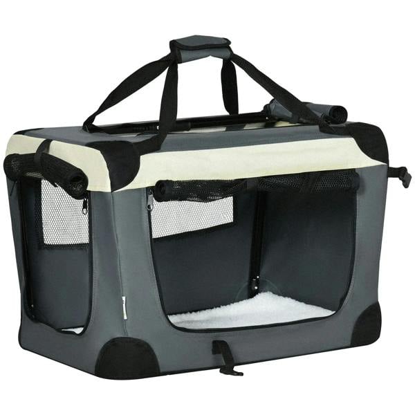 Foldable grey pet carrier with front mesh window and cushioned base