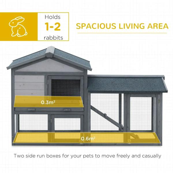 Grey double-tier rabbit hutch with spacious run areas and wire mesh front panels