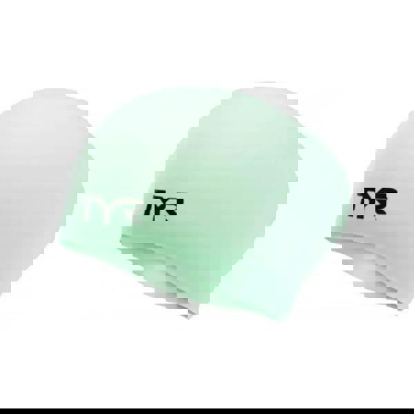 Mint green TYR long hair silicone swim cap with black logo texture