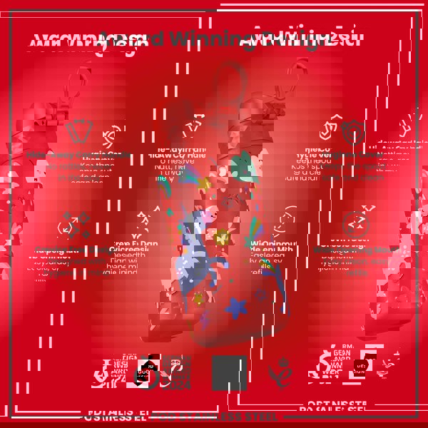 ION8 Leak Proof Kids Water Bottle, Stainless Steel, Red Unicorns, 400ml (13oz)