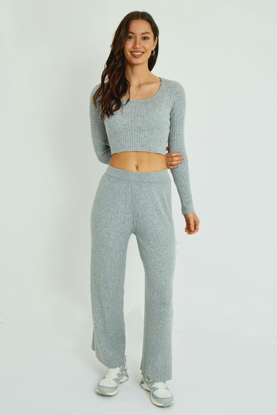 Ribbed Knit Crop Top & Wide Leg Trouser Co-Ord Set