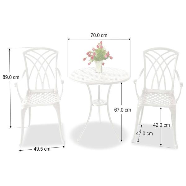 Homeology OSHOWA White Aluminium Weatherproof Outdoor Table and 2 Comfortable Chairs with Armrests Bistro Set with Black Cushions