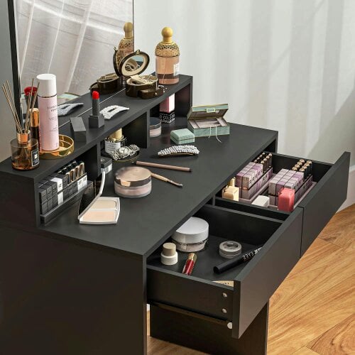 Wyld Haus Merotto Black Dressing Table With Mirror And Multi Storage Layout