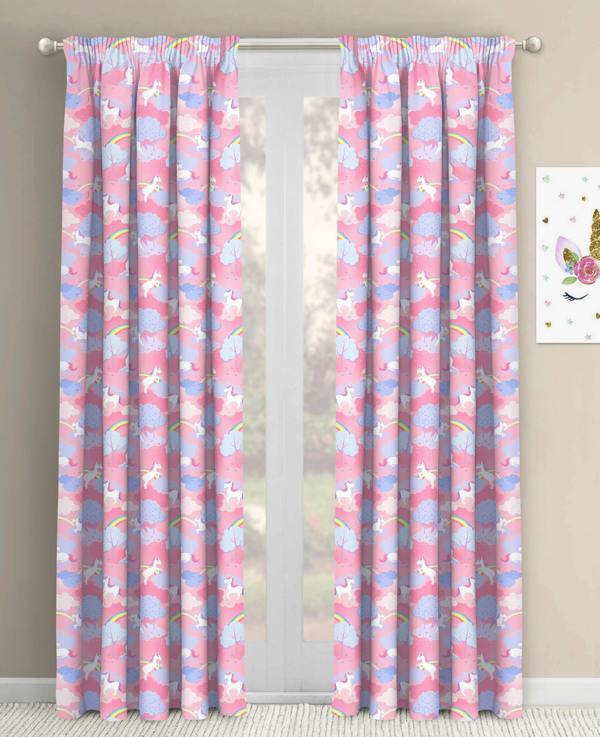 Velosso Playful Unicorn Pattern Kids Bedroom Curtains, Girls Room Drapes with Header Tape, Unlined Magical Animal Prints - 117cm x 213cm