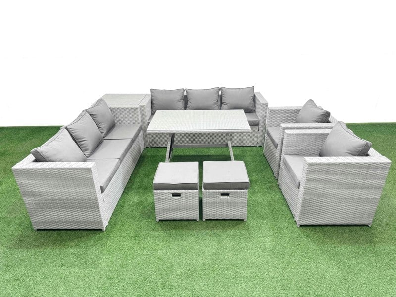Fimous 10 Seater Garden Furniture Set PE Rattan Garden Sofa Set with Rectangular Dining Table 2 Small Stools Side Table Light Grey