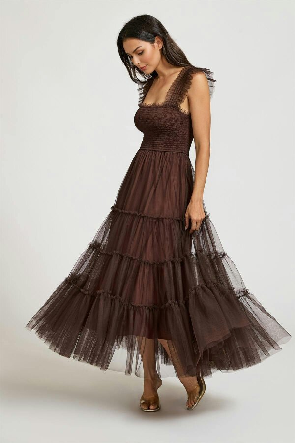 FS Collection Sleeveless Smocked Ruffle Tulle Dress In Brown