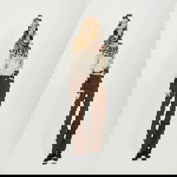 Brave Soul Taupe Crew Neck Fairisle Knit Cardigan - Taupe Image 3