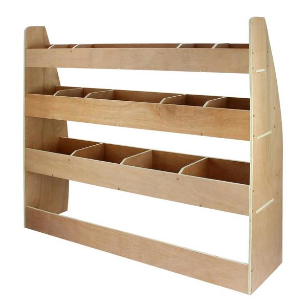 Monster Racking Caddy Transporter Van Rack in natural wood finish, featuring three open shelves with multiple storage compartments for organized transport