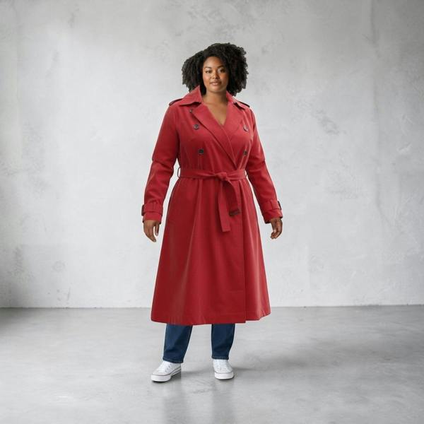 Sylvia Piechulla Plus Size Red Water Repellent Trench Coat | Oversized Relaxed Longline Fit - Red - Gabardine