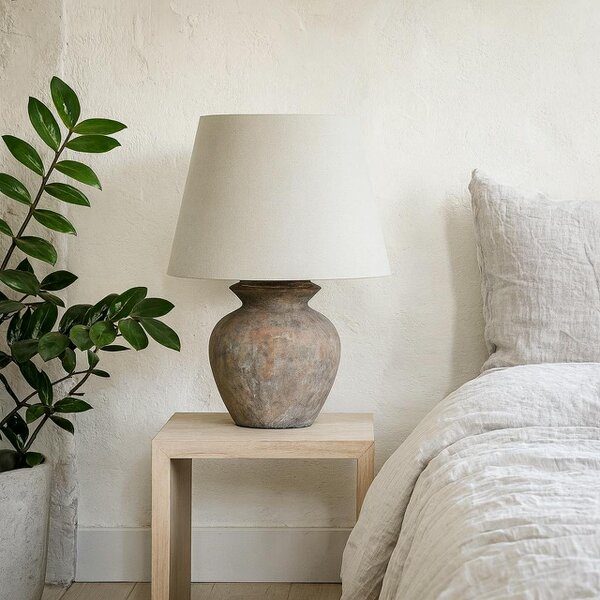 Wyld Haus Padua Rustic Brown Ceramic Round Table Lamp Distressed Finish Neutral Fabric Shade