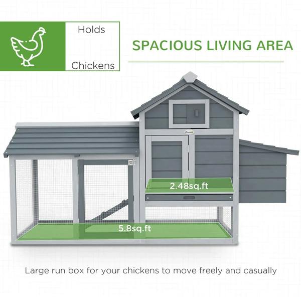 Grey chicken coop with spacious fenced run and nesting box housing, front view