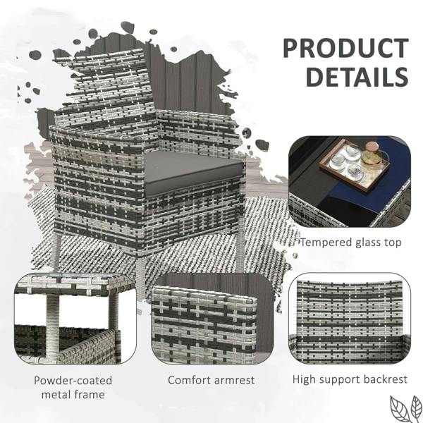 Grey rattan dining chair product detail view with armrests and supportive backrest design