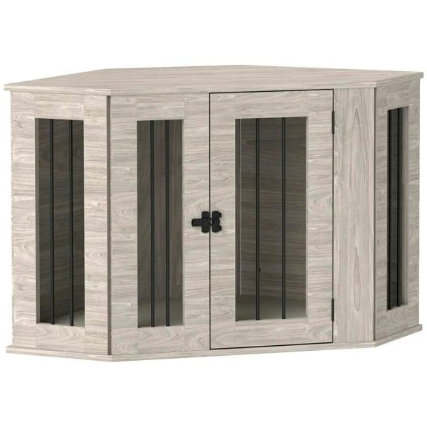 Dog crate side table, light wood with front door and black slatted panels