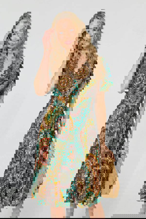 Beige | Printed Shirred A-Line Midi Dress