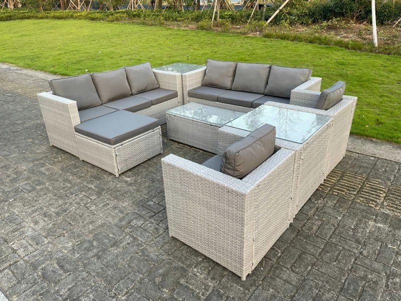 Fimous Light Grey Outdoor PE Rattan Garden Furniture Set Wicker Sofa Set Rectanguar Coffee Table 2 Armchair 2 Side Table 9 Seat