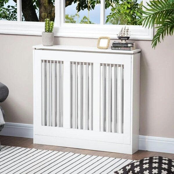 Bobobiy Radiator Cover Vertical Slatted Grille Heater Cover Top Shelf MDF Steel for Heat Circulation 90 x 18 x 84 cm White - White