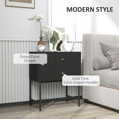 Wyld Haus Nafico Black and Gold Elegant 2 Drawer Ribbed  Bedside Table
