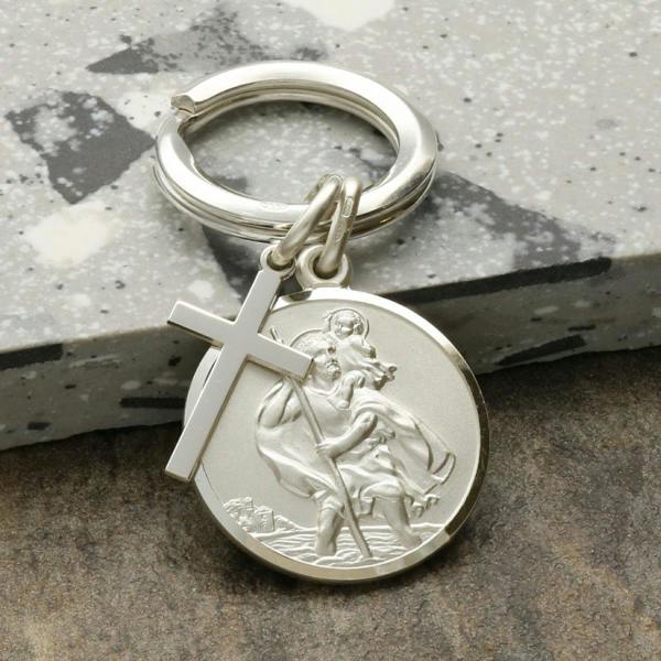 Christopher James of London Sterling Silver 24mm St Christopher Keyring With Cross And Optional Engraving