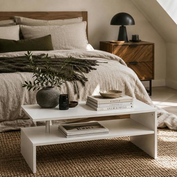 Wyld Haus Vifama Wooden White 2 Tier Coffee Table With Open Shelving And Aluminium Supports