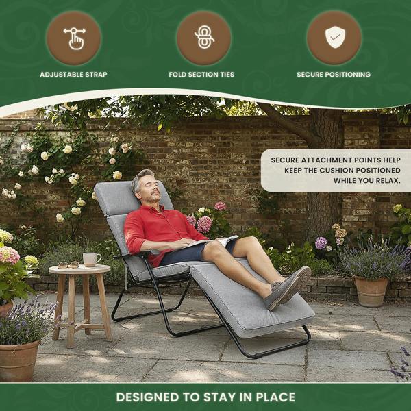 Steamer Chair Cushion – Outdoor Garden Seat Pad with 6cm Padding, Washable Cover & Adjustable Straps, Grey, 49cm Wide