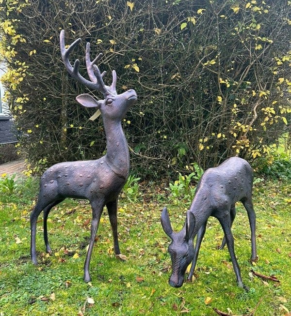 Inspirational Gifting Large Stag and Doe Deer Garden Sculptures Cast Aluminium with Aged Finish