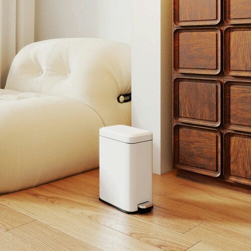Bobobiy 5L Rectangular Compact Bin Steel Body Removable Bucket Quiet-Close Lid with Pedal Lid Rubbish Trash Can Office Bedroom Bathroom Living White