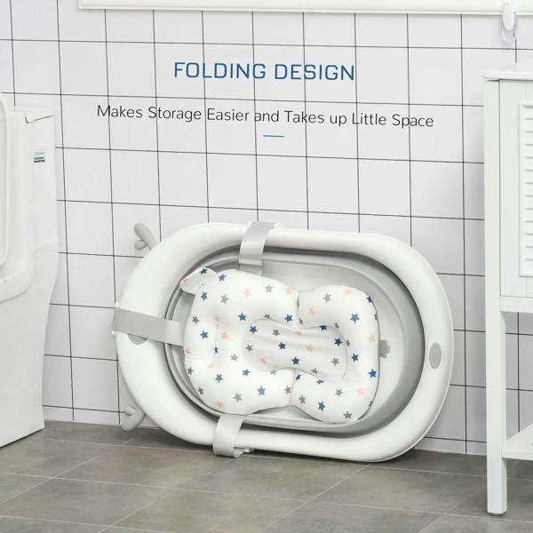 Foldable baby bathtub with star cushion and gray support structure for compact storage