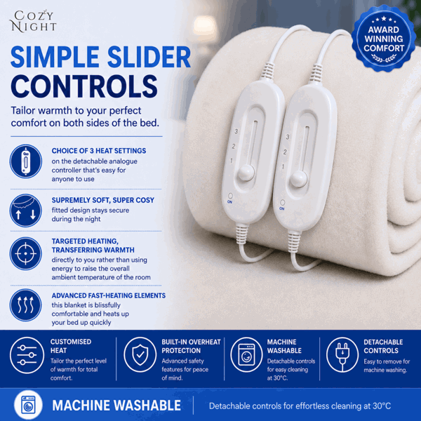 Cozy Night Electric Blanket Double Size Heated with 3 Heat Settings - Machine Washable with Overheat Protection