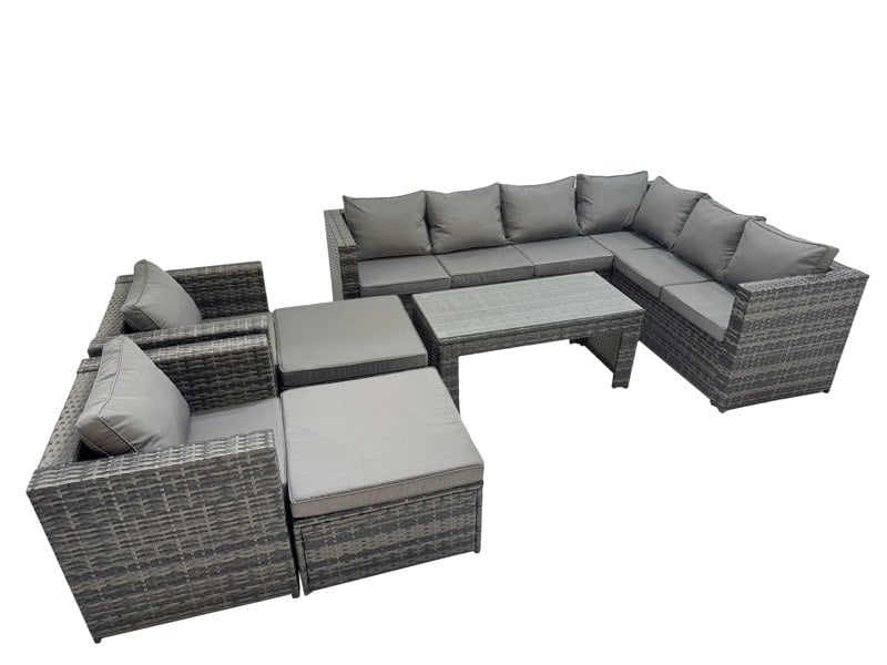 Fimous Outdoor Rattan Oblong Coffee Table Corner Sofa Sets Garden Furniture Set with 2 Chairs 2 Big Stools Dark Grey Mixed