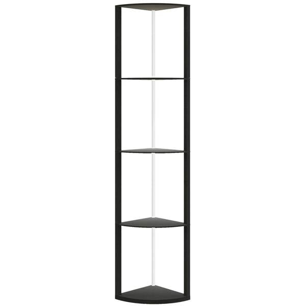 Black standing LED floor lamp with four corner shelves and tall open frame