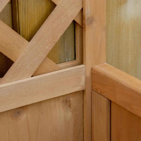 Close-up of brown wooden trellis and planter frame slats with corner join