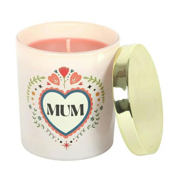 White 'MUM' heart candle with pastel floral design and gold lid open.