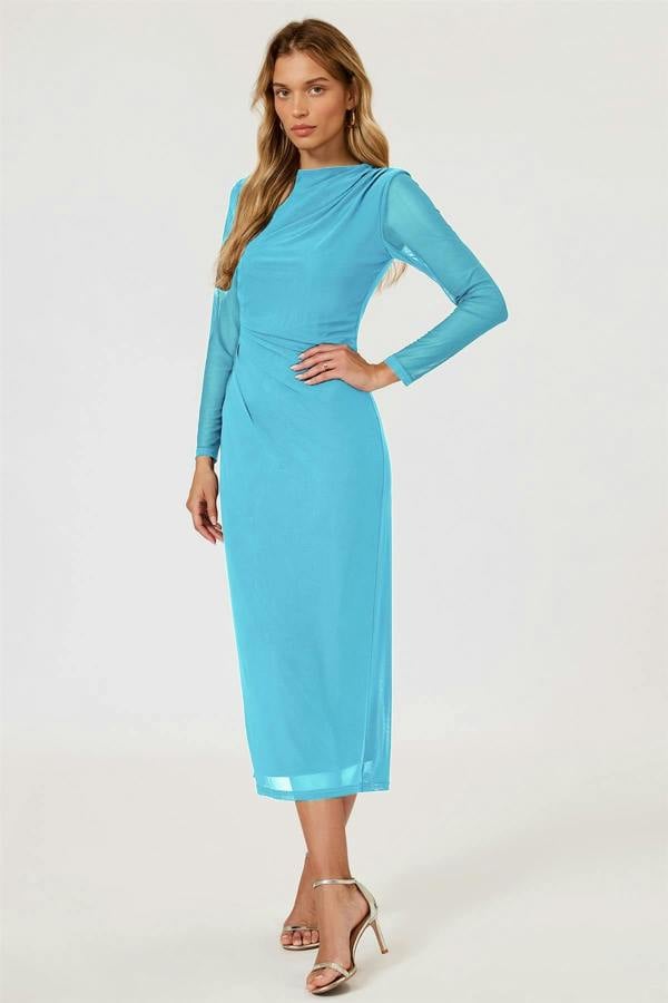 FS Collection Long Sleeves Mesh Midi Dress In Aqua