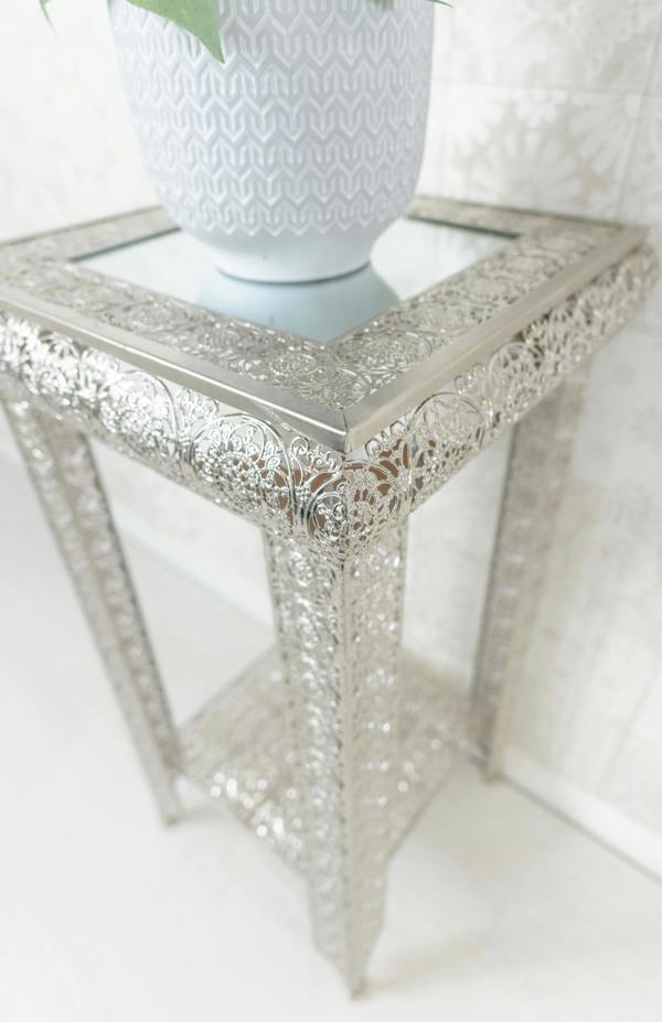 Downton Interiors Silver Embossed Metal Mirrored Glass Side Table with Shelf - Agadir Range