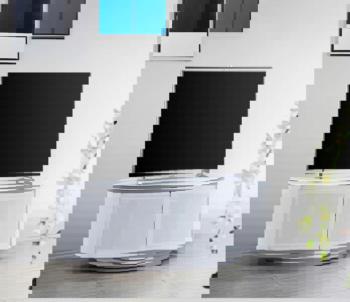 MDA Designs LUNA Gloss White Oval Cabinet with White Profiles White BeamThru Glass Doors Suitable for Flat Screen TVs up to 50"