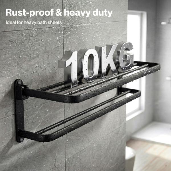 Levede Towel Holder with 2 Bars Wall Mounted Black No Drill Bathroom Shelf Black