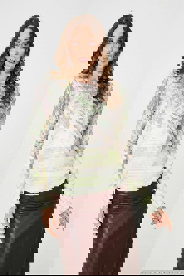 Green | Feather Print Long Sleeve Knit Top
